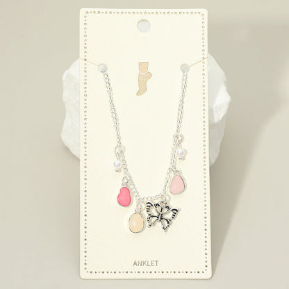 Madeline Love Antique Silver, Pink Butterfly Sea Glass Pearl Charm Station Anklet - Anklets