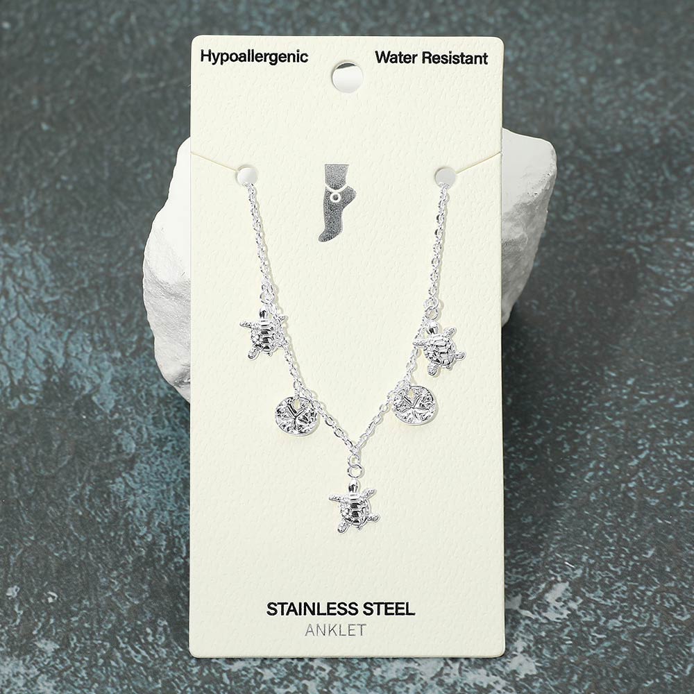 Madeline Love Silver Stainless Steel Turtle Sand Dollar Charm Station Anklet - Anklets