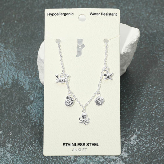 Madeline Love Silver Stainless Steel Octopus Crab Starfish Shell Charm Station Anklet - Jewelry