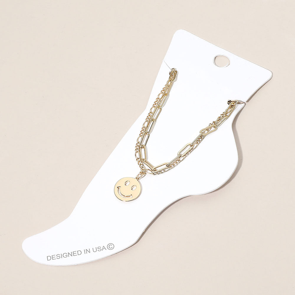 Madeline Love Gold Smiley Face Charm Accent Layered Chain Anklet - Anklets