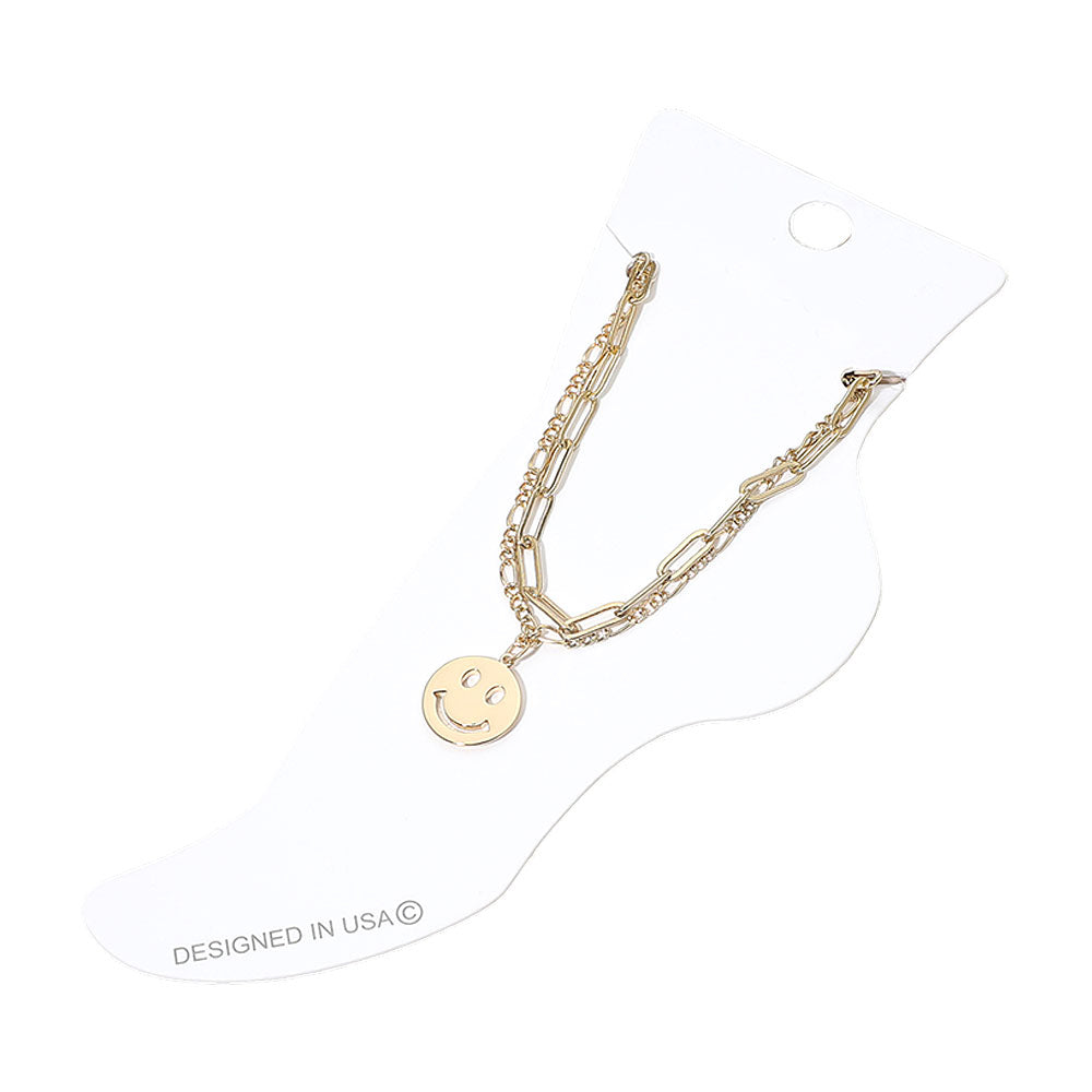 Madeline Love Gold Smiley Face Charm Accent Layered Chain Anklet - Anklets - desc