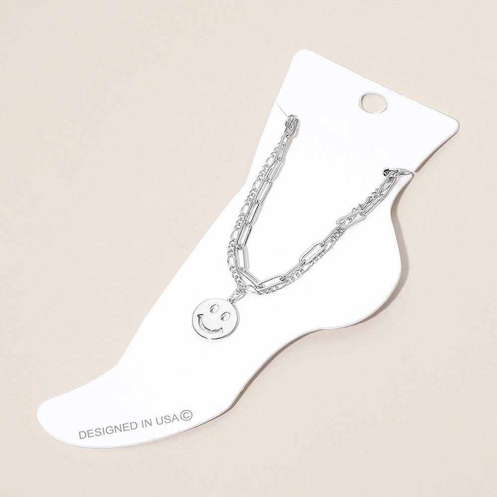 Madeline Love Rhodium Smiley Face Charm Accent Layered Chain Anklet - Anklets