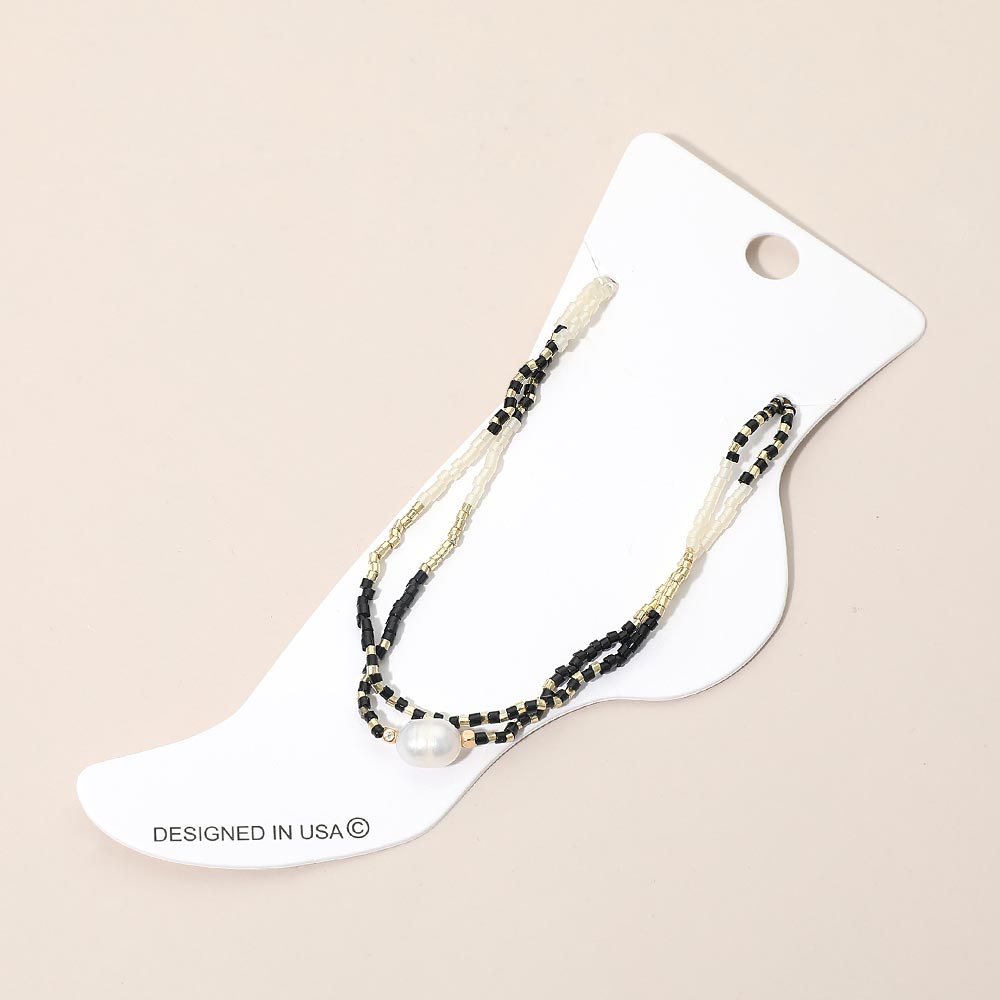 Madeline Love Black, Gold Pearl Accent Beaded Layered Chain Anklet - Anklets