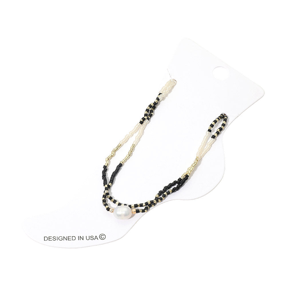 Madeline Love Black, Gold Pearl Accent Beaded Layered Chain Anklet - Anklets - desc