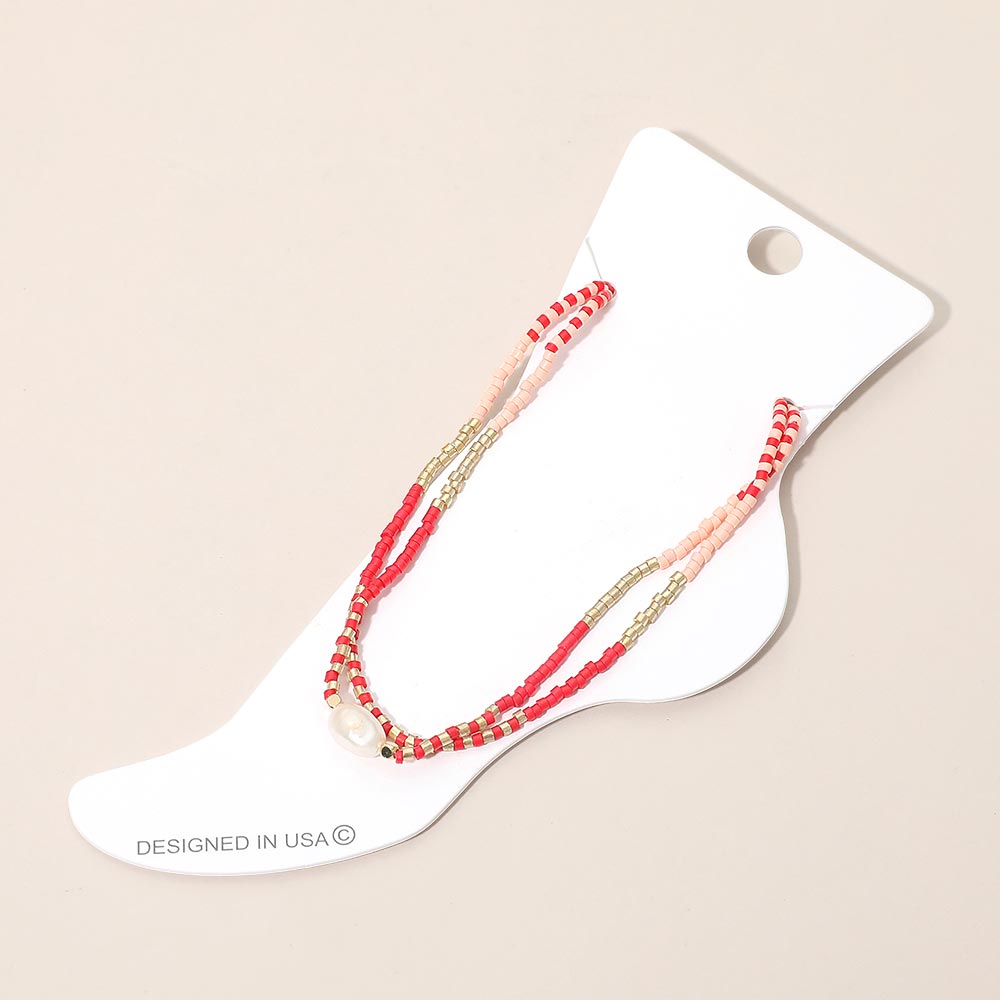 Madeline Love Coral, Gold Pearl Accent Beaded Layered Chain Anklet - Anklets