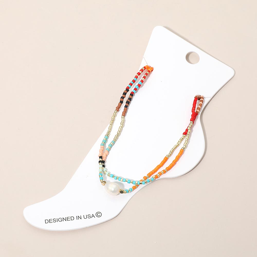 Madeline Love Gold, Multi Pearl Accent Beaded Layered Chain Anklet - Anklets