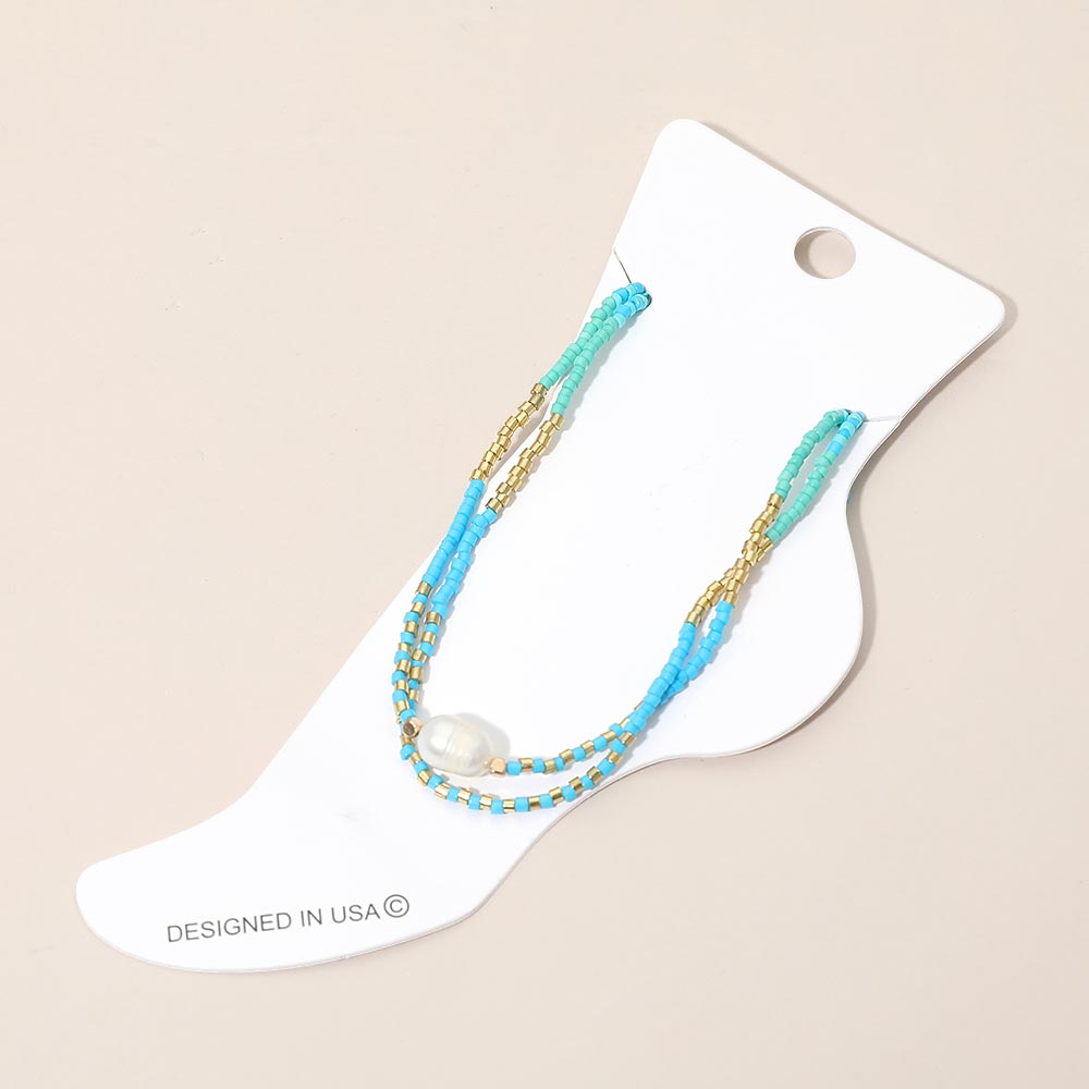 Madeline Love Gold, Turquoise Pearl Accent Beaded Layered Chain Anklet - Anklets