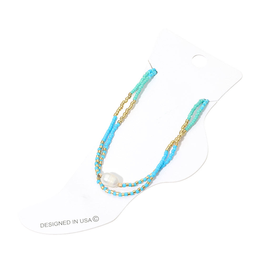 Madeline Love Gold, Turquoise Pearl Accent Beaded Layered Chain Anklet - Anklets - desc