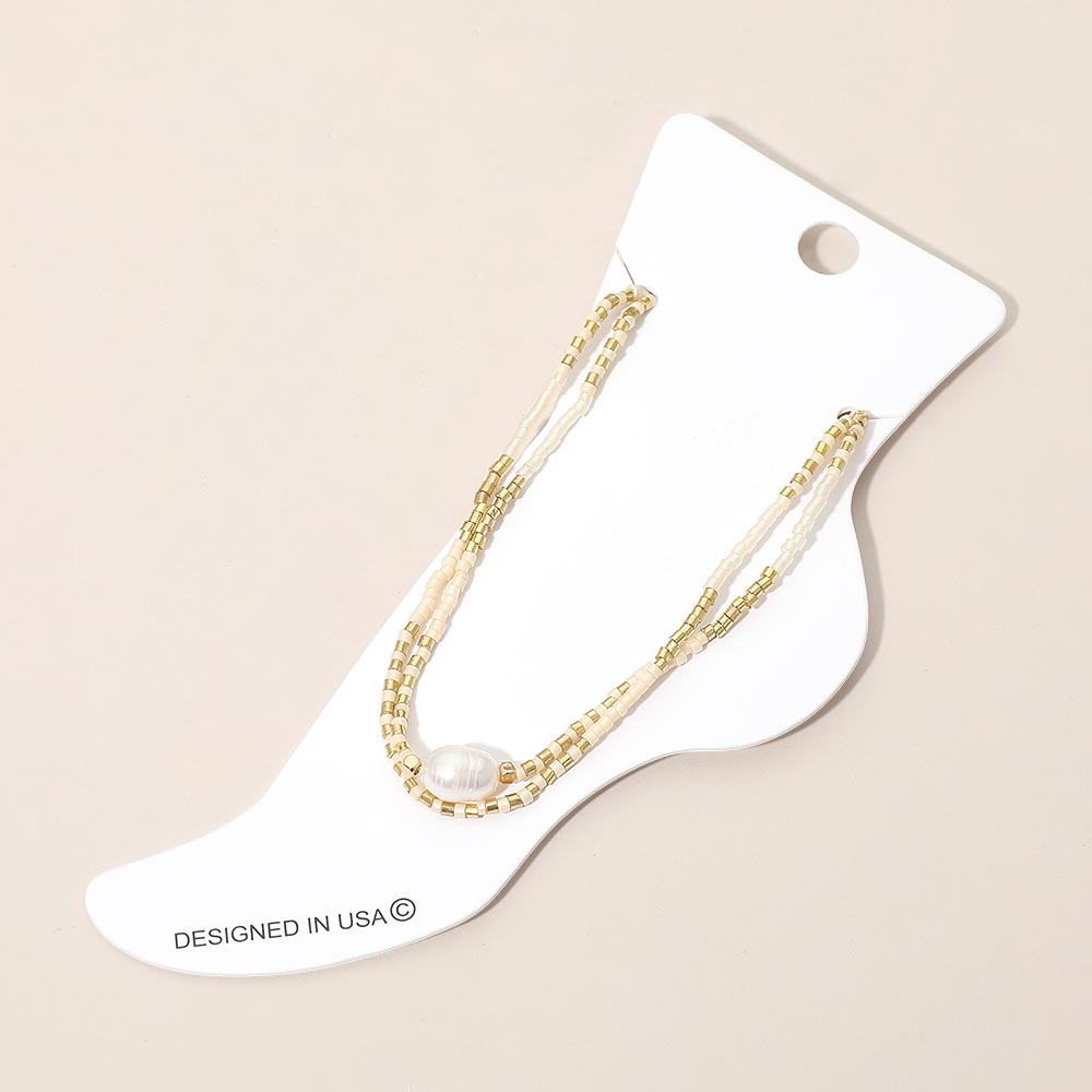 Madeline Love Gold, White Pearl Accent Beaded Layered Chain Anklet - Anklets