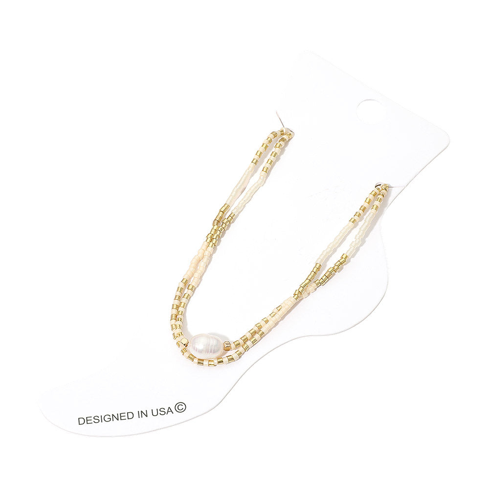 Madeline Love Gold, White Pearl Accent Beaded Layered Chain Anklet - Anklets - desc