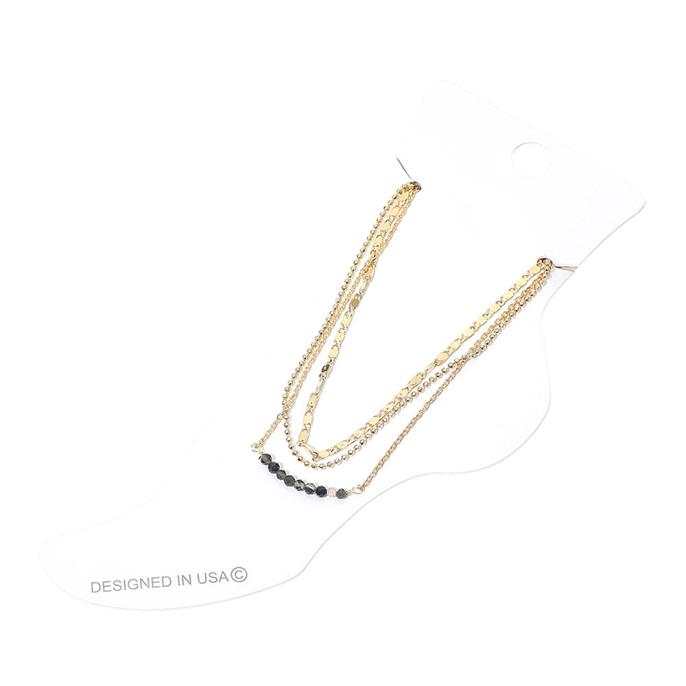 Madeline Love Gold, Gray Beaded Accent Layered Chain Anklet - Anklets - desc