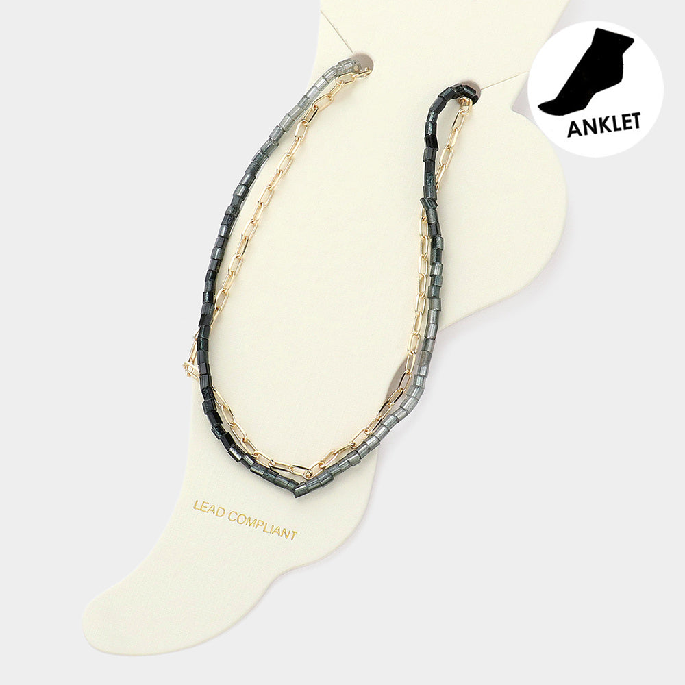 Madeline Love Black, Gold Paperclip Chain Square Tube Beaded Layered Anklet - Anklets