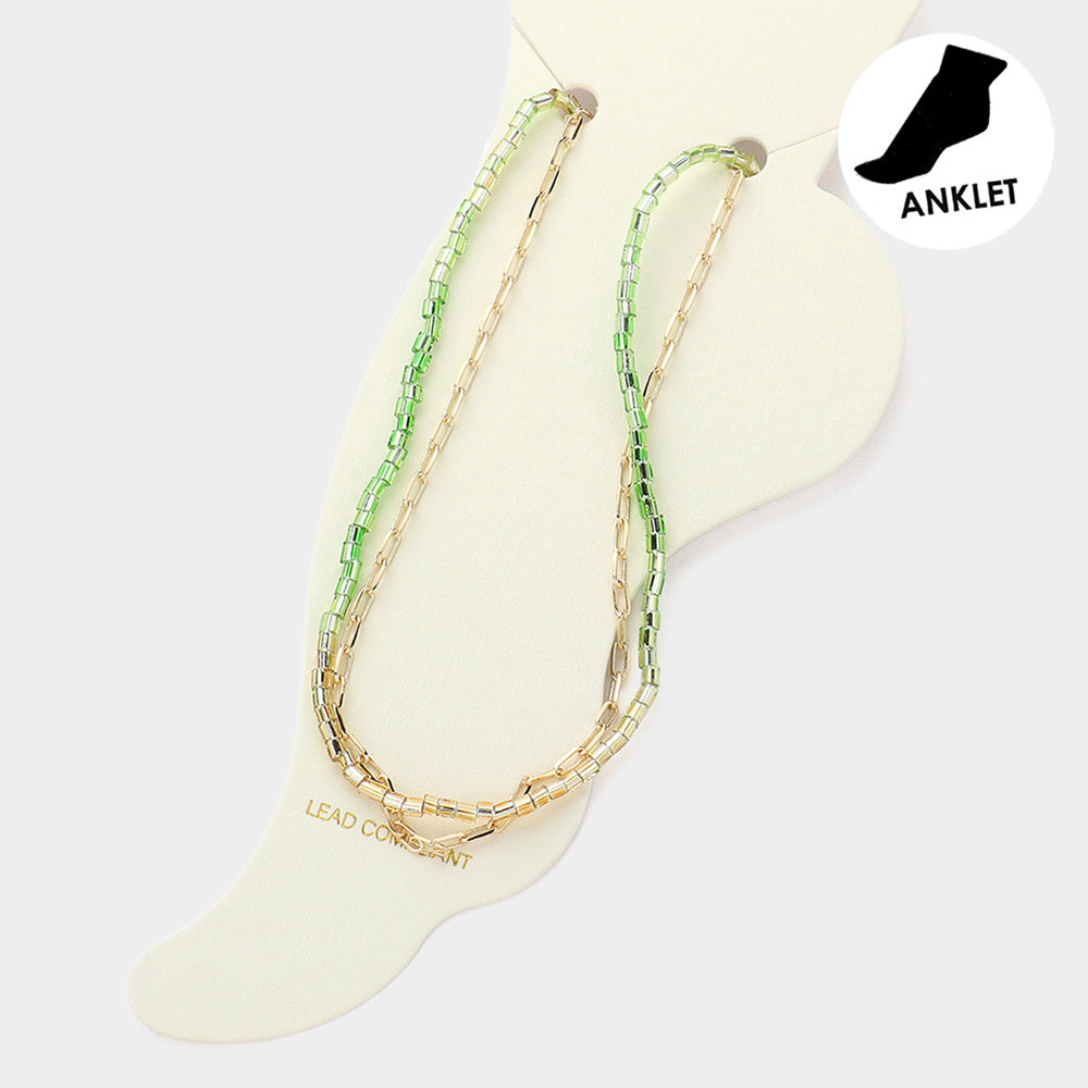 Madeline Love Gold, Mint Paperclip Chain Square Tube Beaded Layered Anklet - Anklets