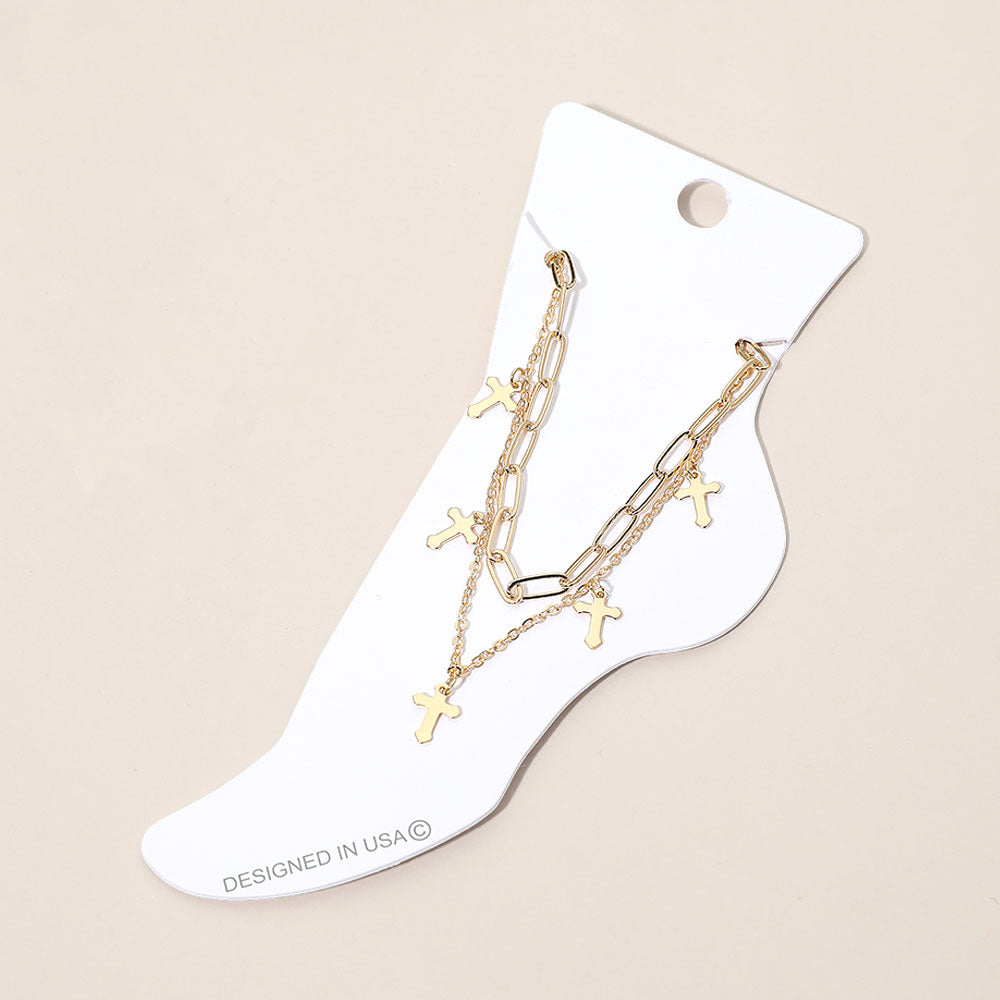 Madeline Love Gold Cross Charm Station Layered Chain Anklet - Anklets