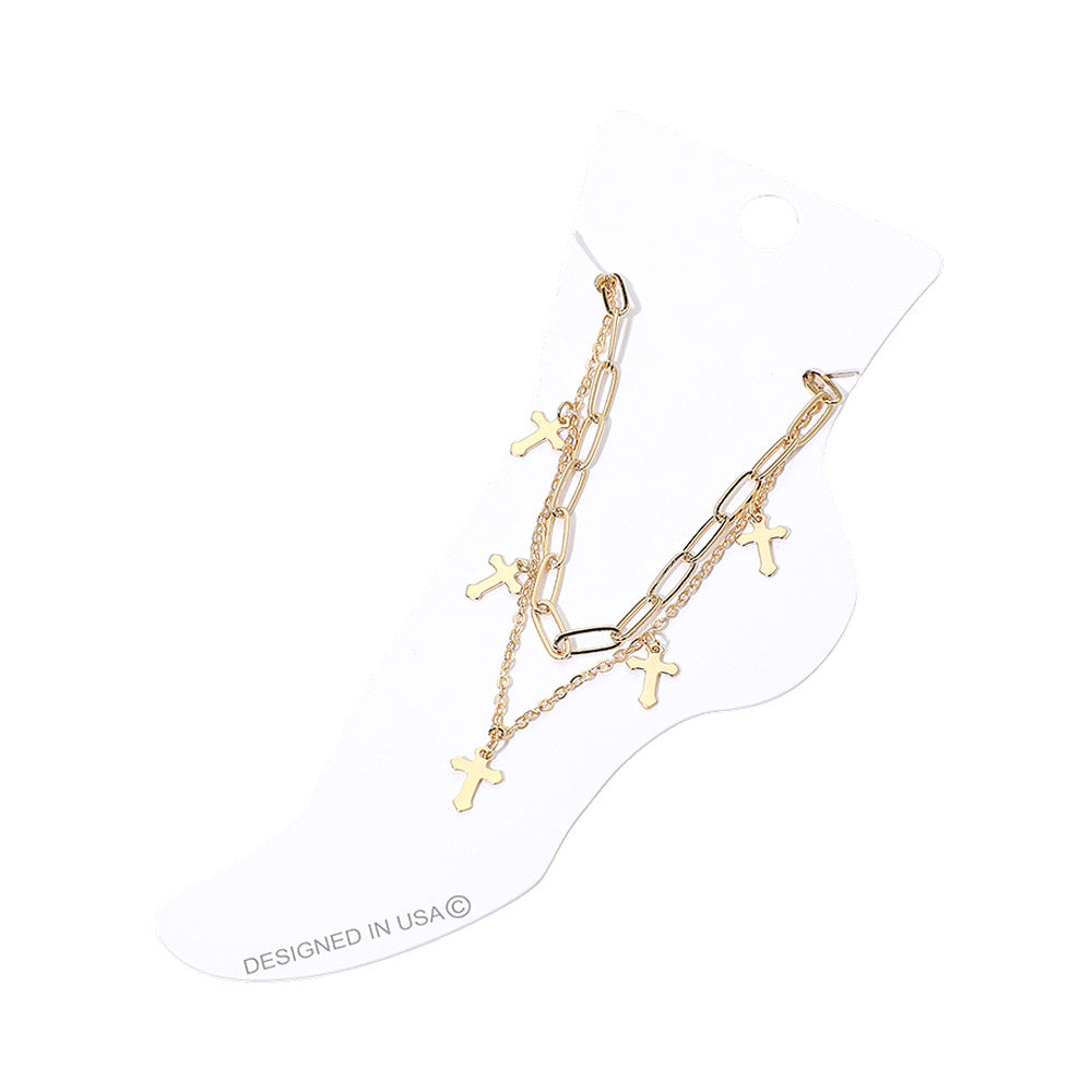 Madeline Love Gold Cross Charm Station Layered Chain Anklet - Anklets - desc