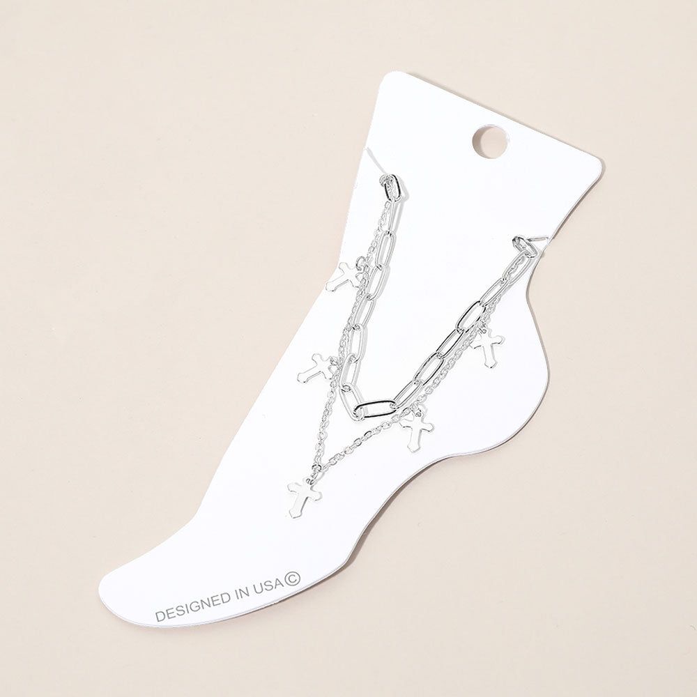 Madeline Love Rhodium Cross Charm Station Layered Chain Anklet - Anklets