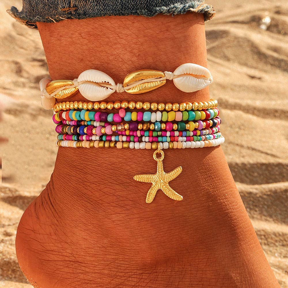 Madeline Love Gold, Multi 6PCS - Starfish Charm Accented Conch Shell Seed Beaded Multi Layered Anklets