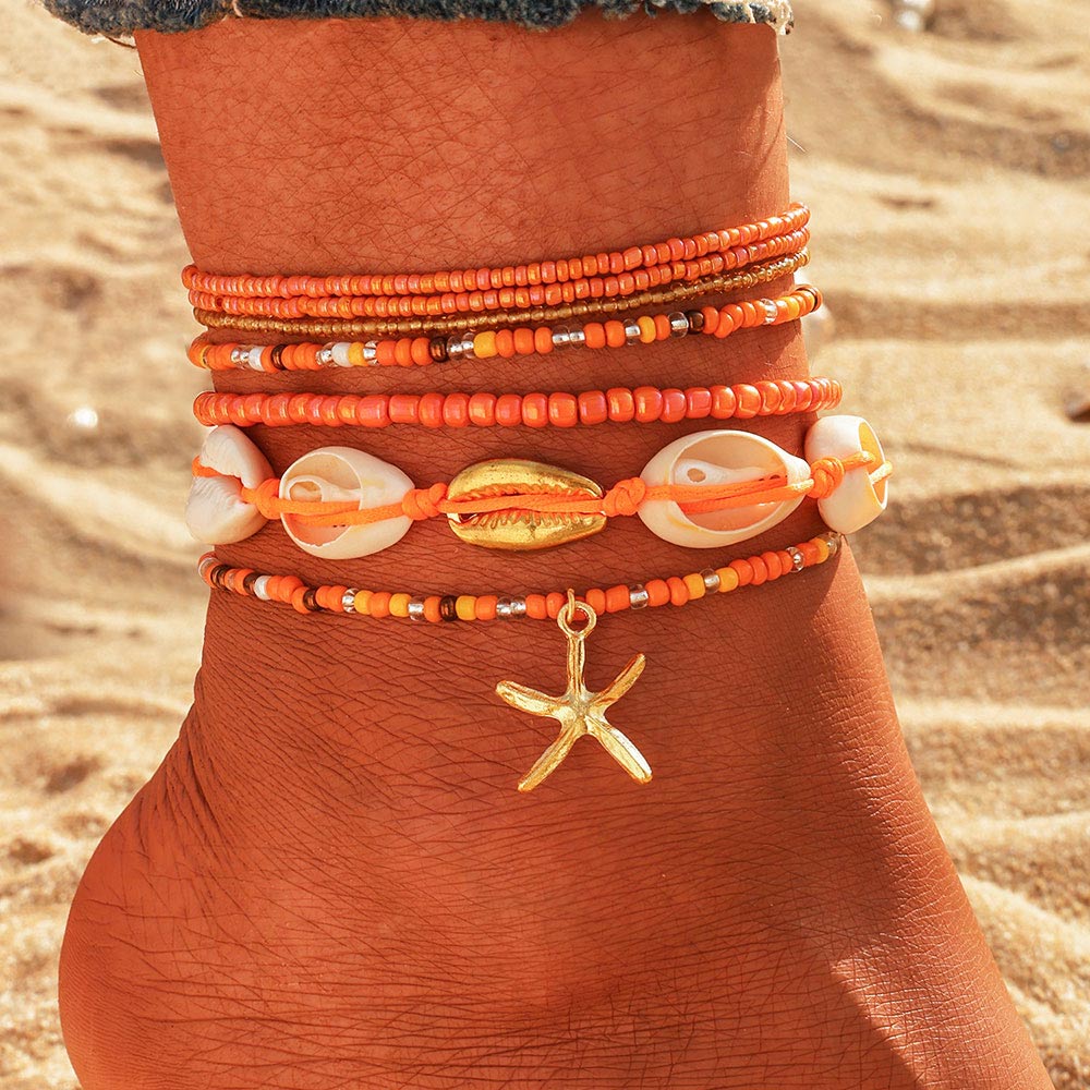 Madeline Love Gold, Orange 6PCS - Starfish Charm Accented Conch Shell Seed Beaded Multi Layered Anklets
