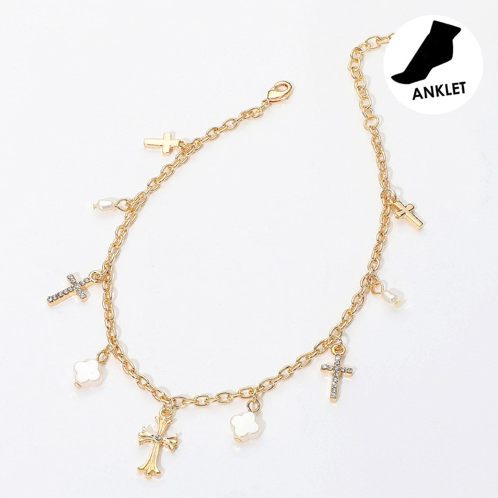 Madeline Love Cream, Gold Cross Pearl Quatrefoil Charm Station Anklet - Anklets