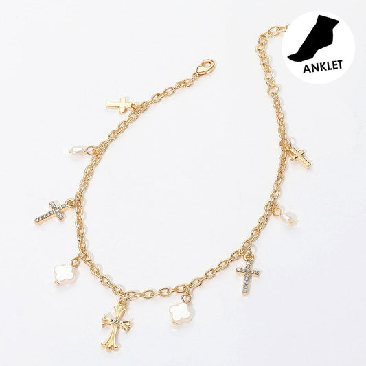 Madeline Love Cream, Gold Cross Pearl Quatrefoil Charm Station Anklet - Anklets