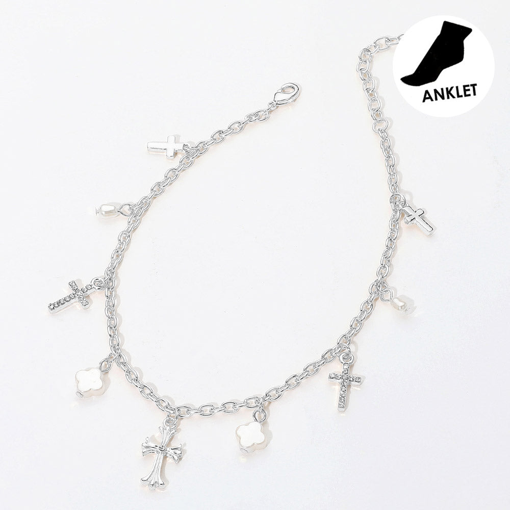 Madeline Love Cream, Rhodium Cross Pearl Quatrefoil Charm Station Anklet - Anklets
