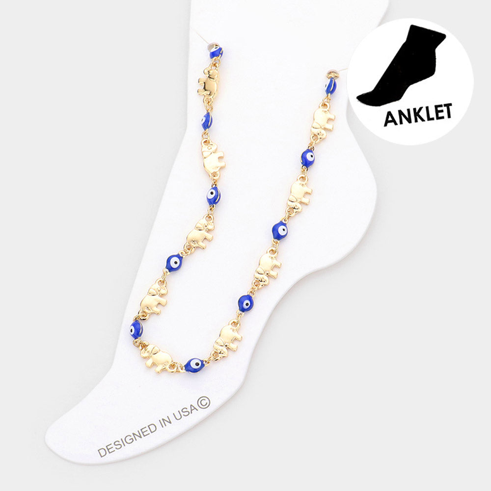 Madeline Love Blue Evil Eye Metal Elephant Link Anklet - Anklets
