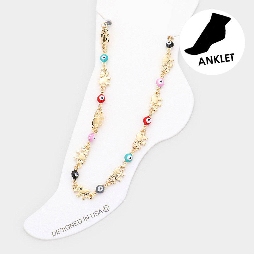 Madeline Love Gold, Multi Evil Eye Metal Elephant Link Anklet - Anklets