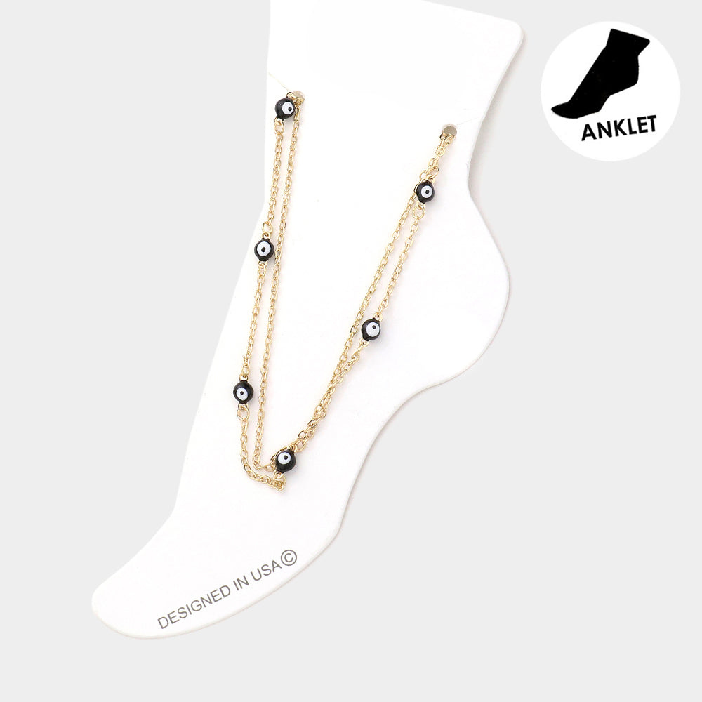 Madeline Love Black, Gold Evil Eye Station Double Layered Anklet - Anklets