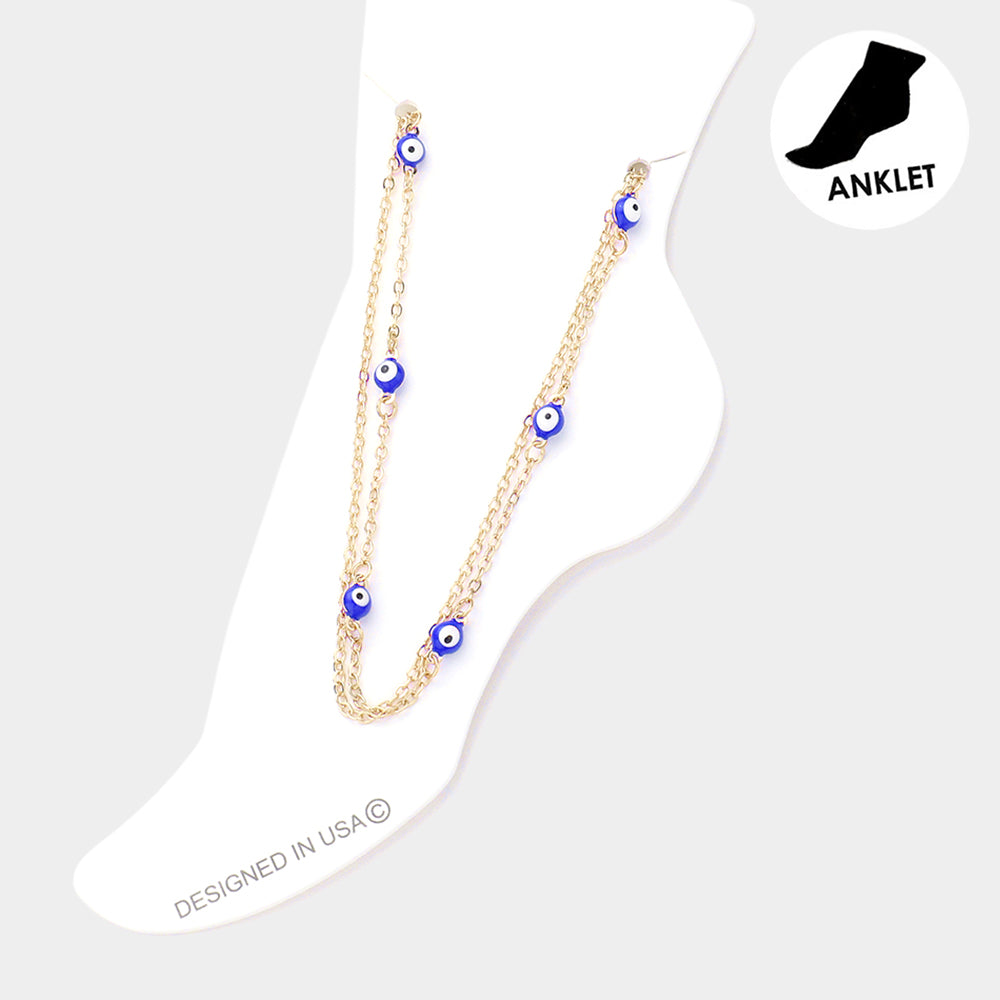 Madeline Love Blue, Gold Evil Eye Station Double Layered Anklet - Anklets