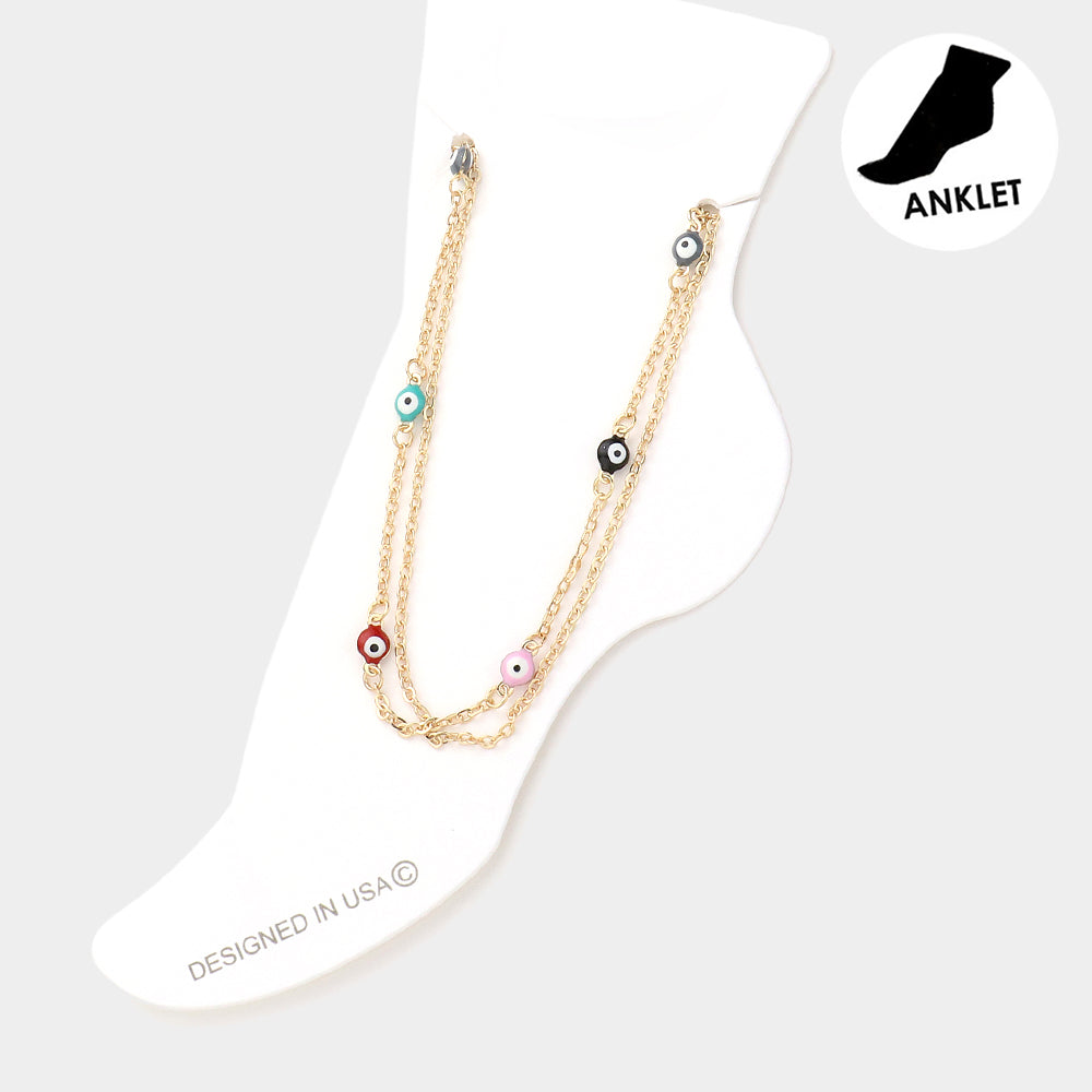 Madeline Love Gold, Multi Evil Eye Station Double Layered Anklet - Anklets