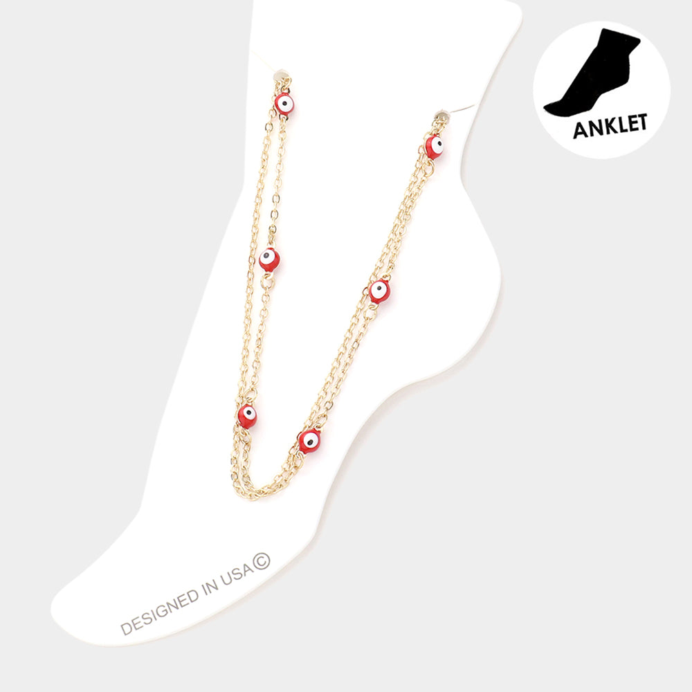 Madeline Love Gold, Red Evil Eye Station Double Layered Anklet - Anklets