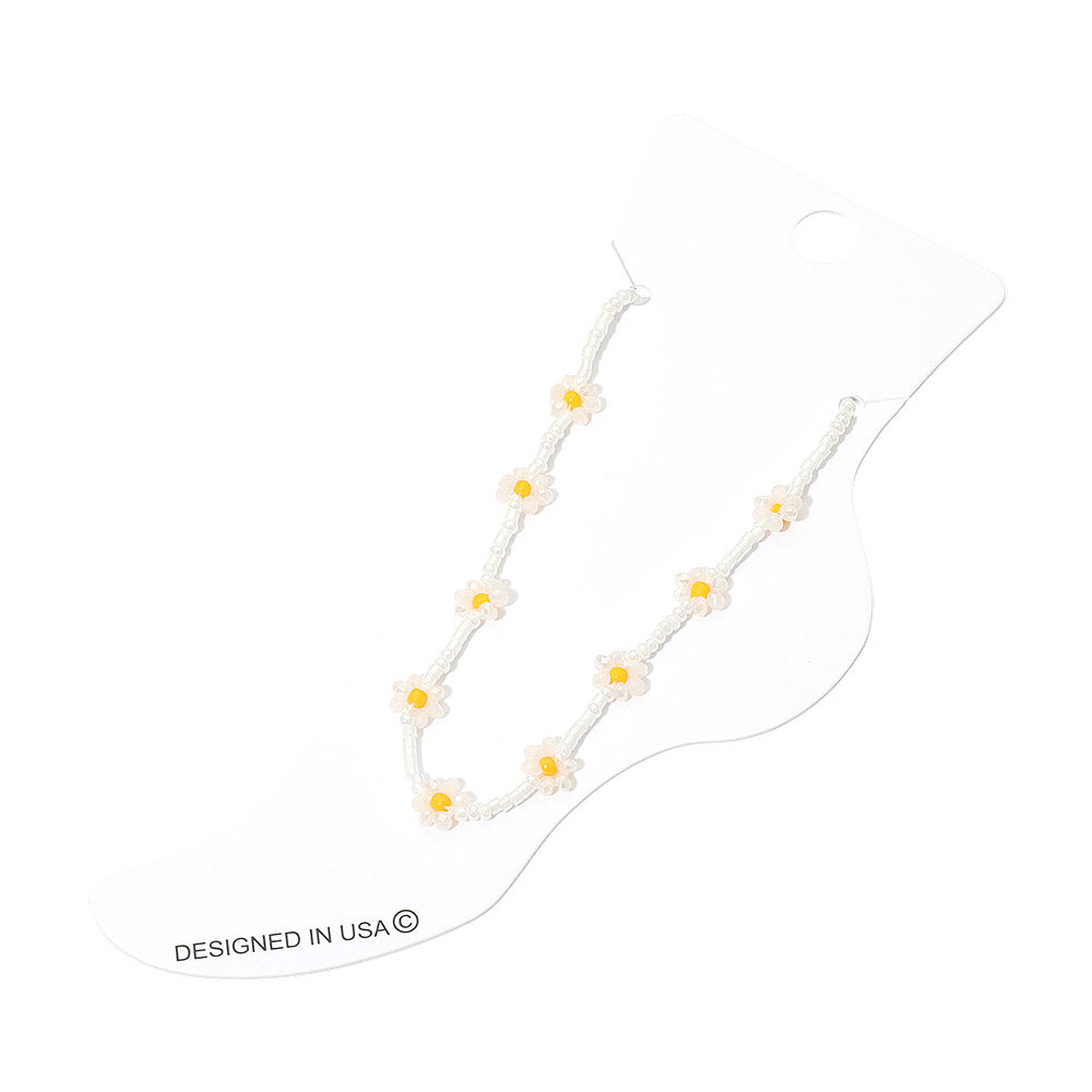 Madeline Love Gold, White Flower Faceted Beaded Anklet - Anklets - desc