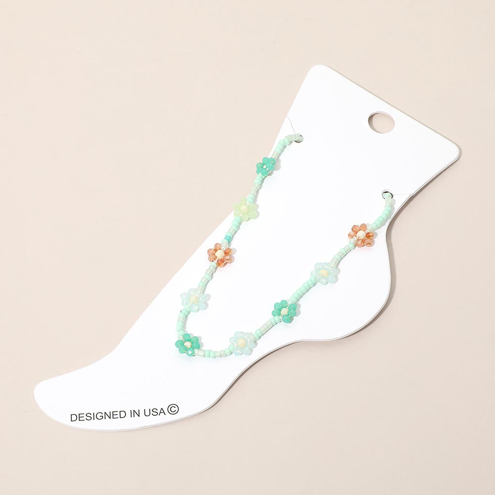 Madeline Love Gold, Mint Flower Faceted Beaded Anklet - Anklets