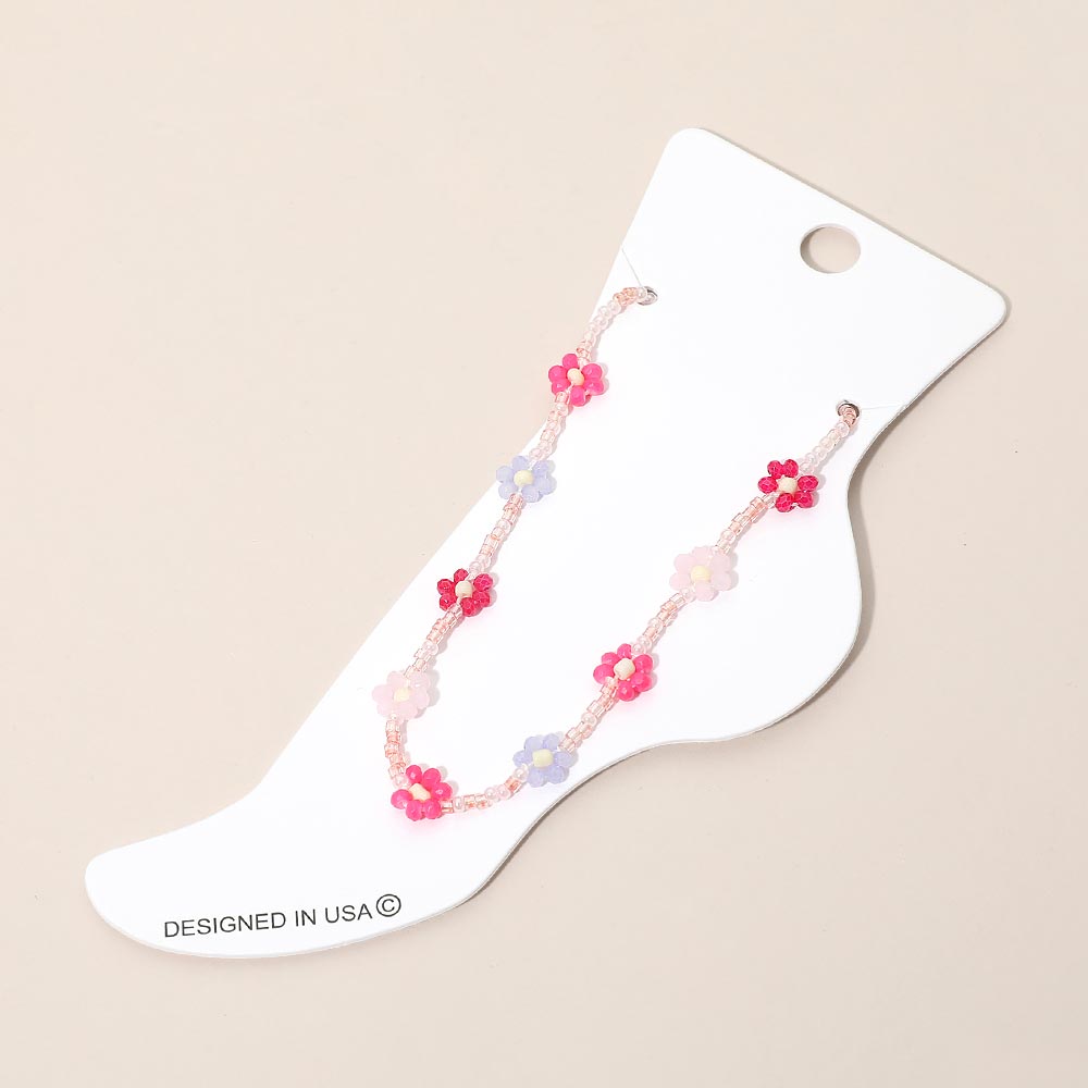 Madeline Love Gold, Pink Flower Faceted Beaded Anklet - Anklets
