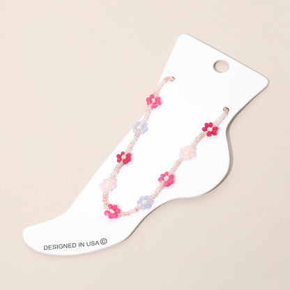 Madeline Love Gold, Pink Flower Faceted Beaded Anklet - Anklets