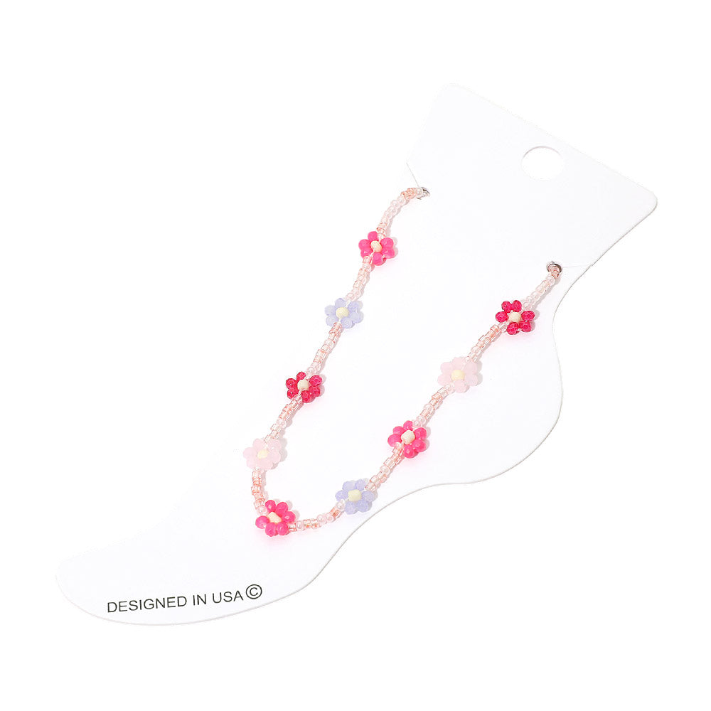 Madeline Love Gold, Pink Flower Faceted Beaded Anklet - Anklets - desc