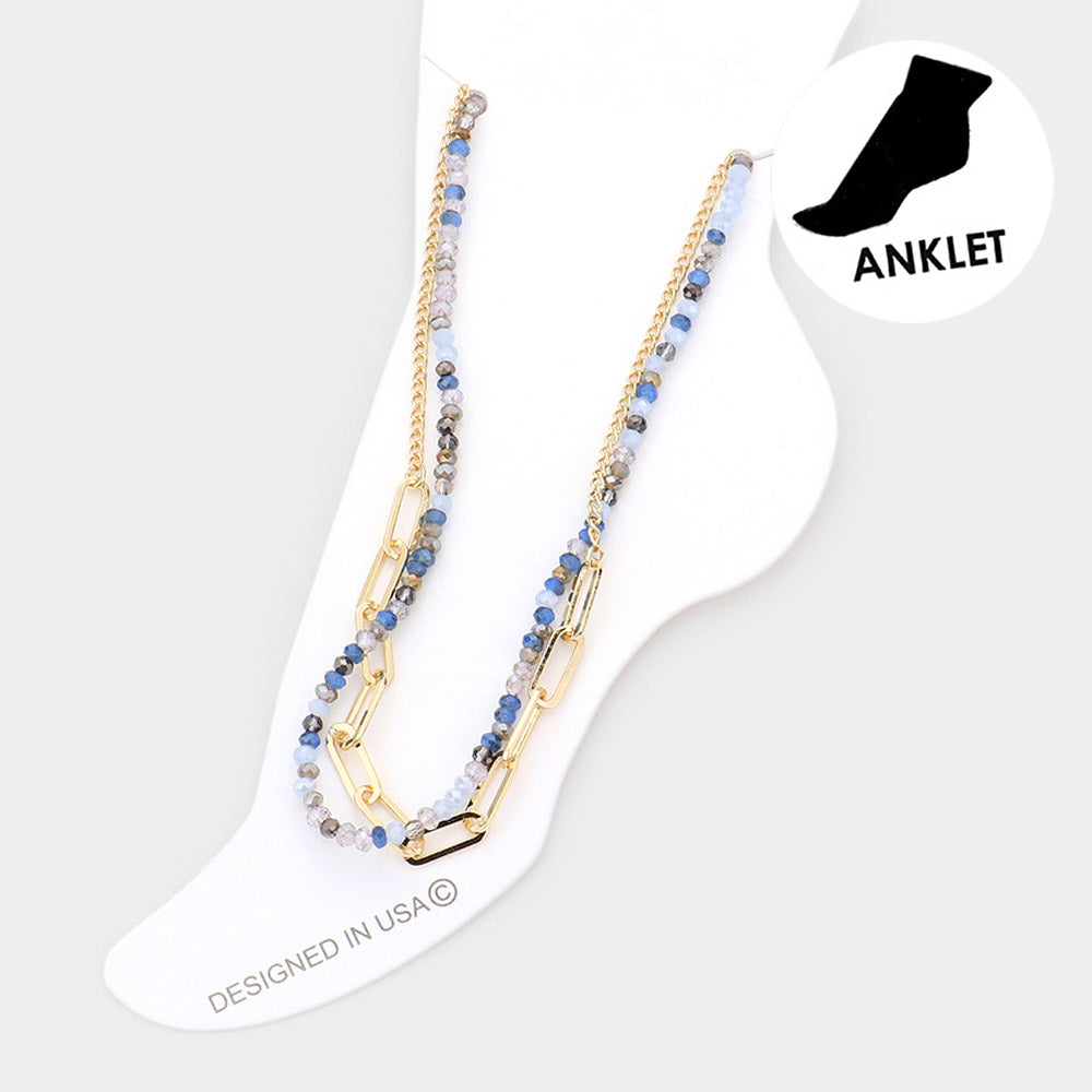 Madeline Love Blue Faceted Beaded Open Metal Oval Link Double Layered Anklet - Anklets
