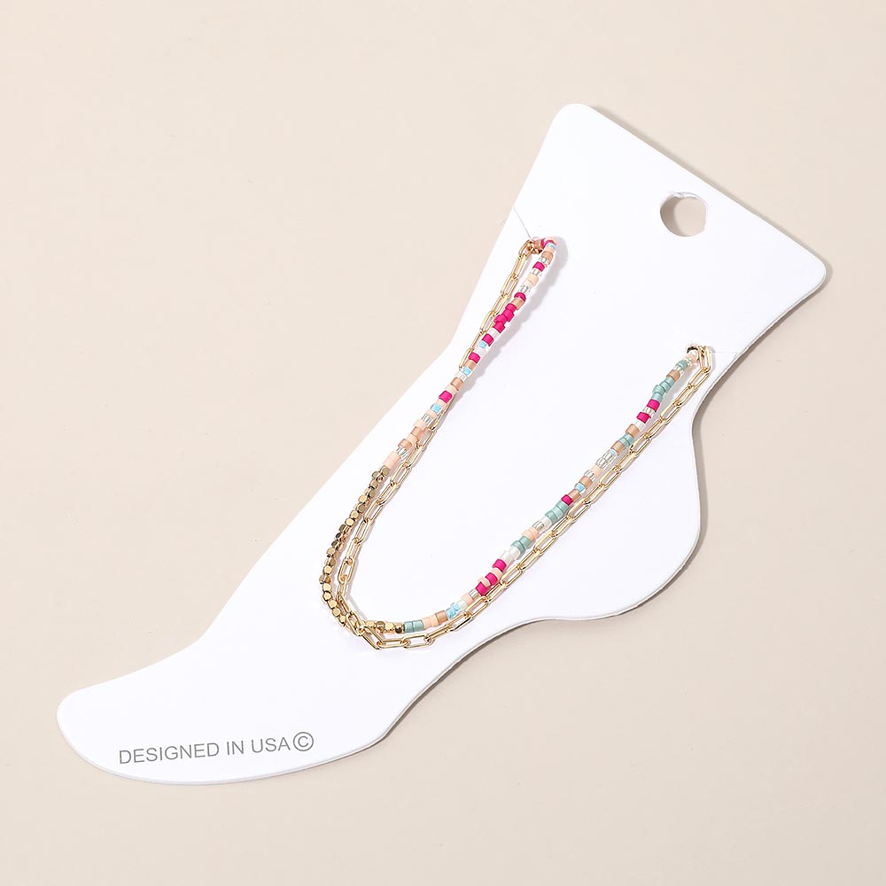 Madeline Love Gold, Hot Pink Layered Beaded Chain Anklet - Anklets