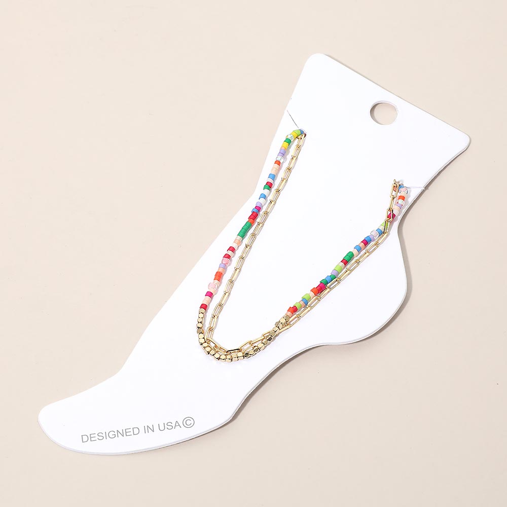 Madeline Love Gold, Multi Layered Beaded Chain Anklet - Anklets