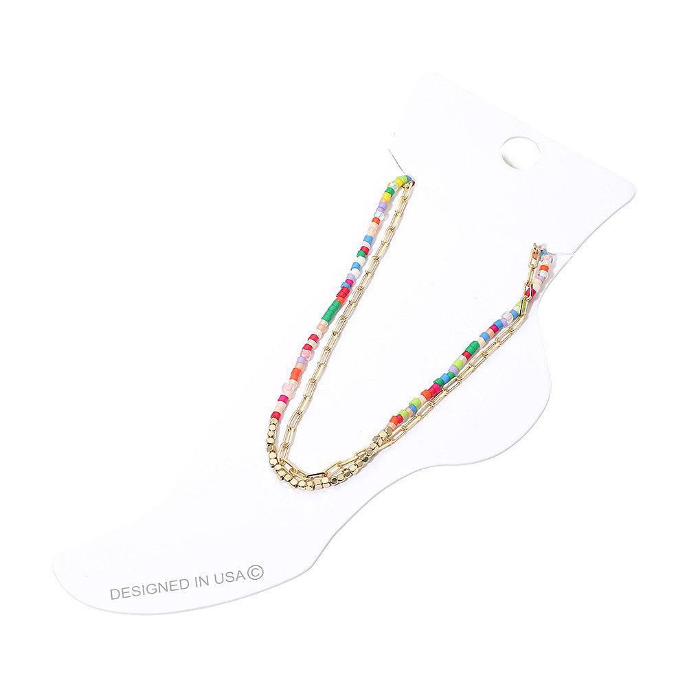 Madeline Love Gold, Multi Layered Beaded Chain Anklet - Anklets - desc