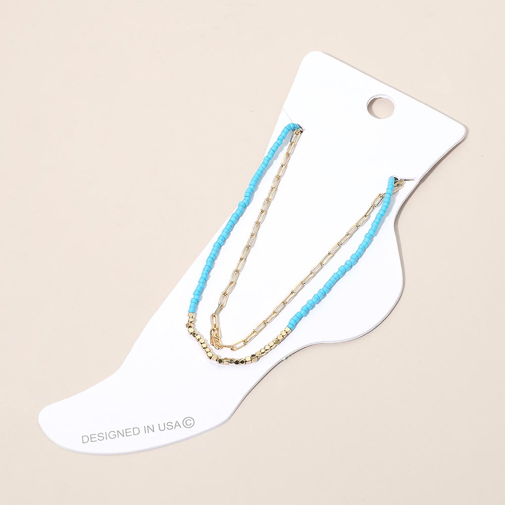 Madeline Love Gold, Turquoise Layered Beaded Chain Anklet - Anklets