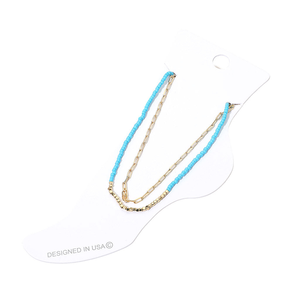 Madeline Love Gold, Turquoise Layered Beaded Chain Anklet - Anklets - desc