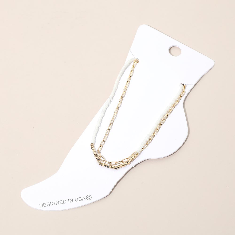 Madeline Love Gold, White Layered Beaded Chain Anklet - Anklets