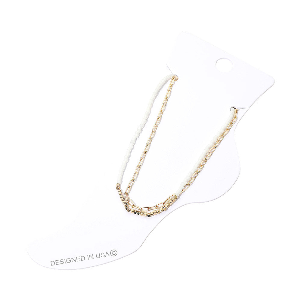 Madeline Love Gold, White Layered Beaded Chain Anklet - Anklets - desc