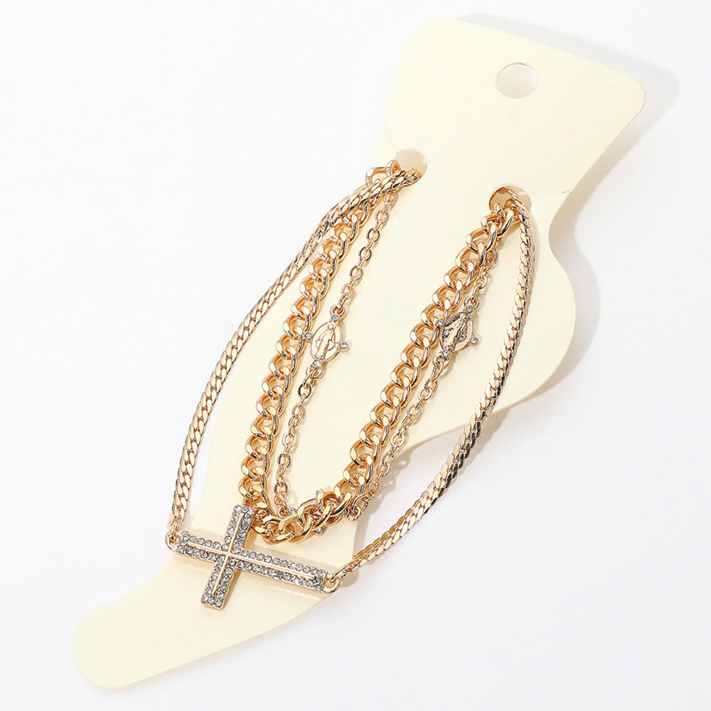 Madeline Love Clear, Gold Rhinestone Embellished Cross Virgin Mary Anklets