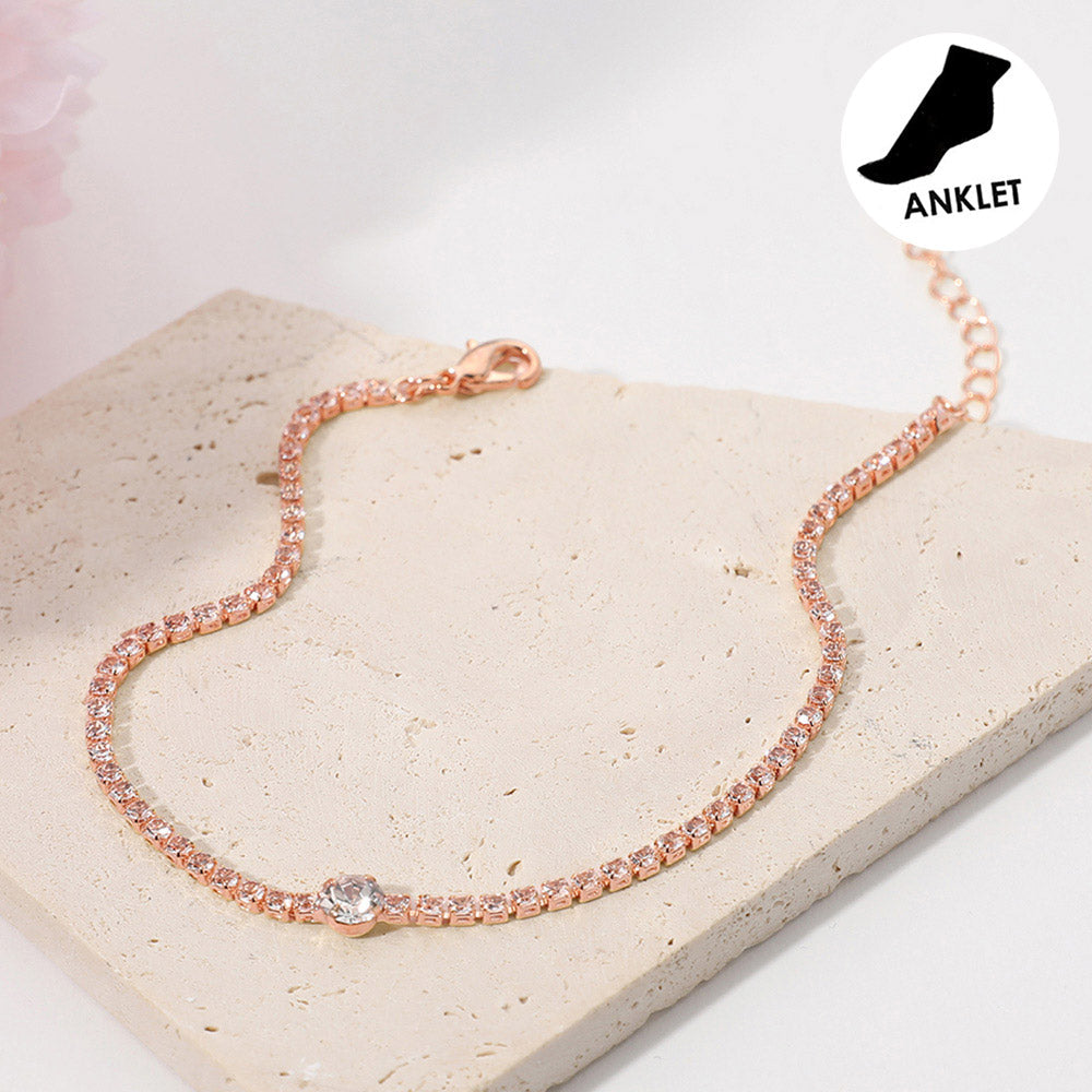 Madeline Love Clear, Rose Gold Rhinestone Cluster Evening Anklet - Anklets