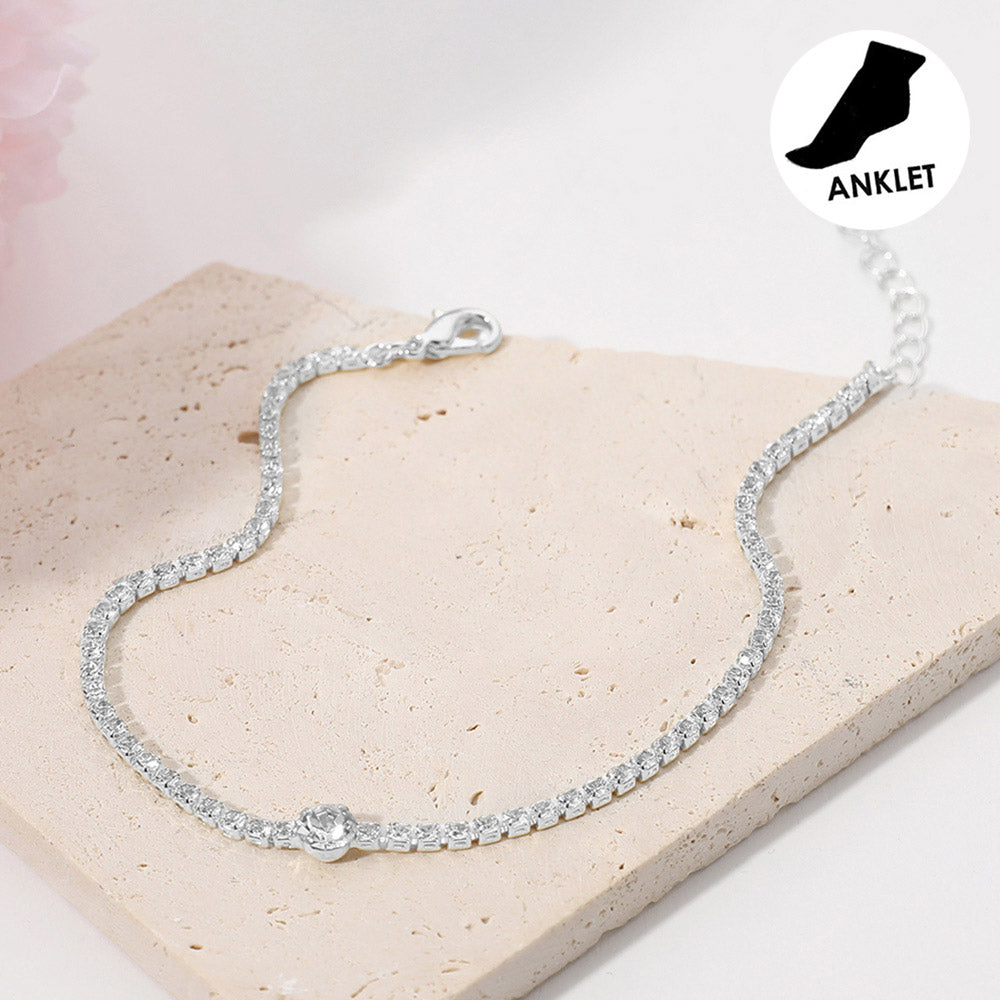 Madeline Love Clear, Silver Rhinestone Cluster Evening Anklet - Anklets