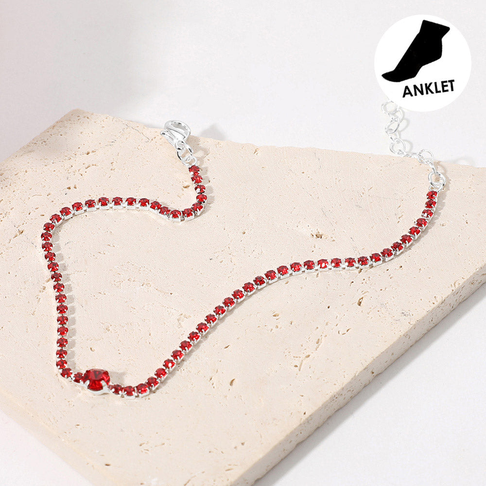 Madeline Love Red, Rhodium Rhinestone Cluster Evening Anklet - Anklets
