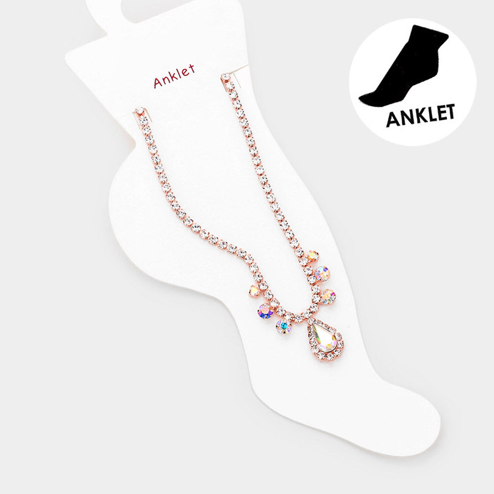 Madeline Love AB, Rose Gold Teardrop Stone Accented Evening Anklet - Anklets