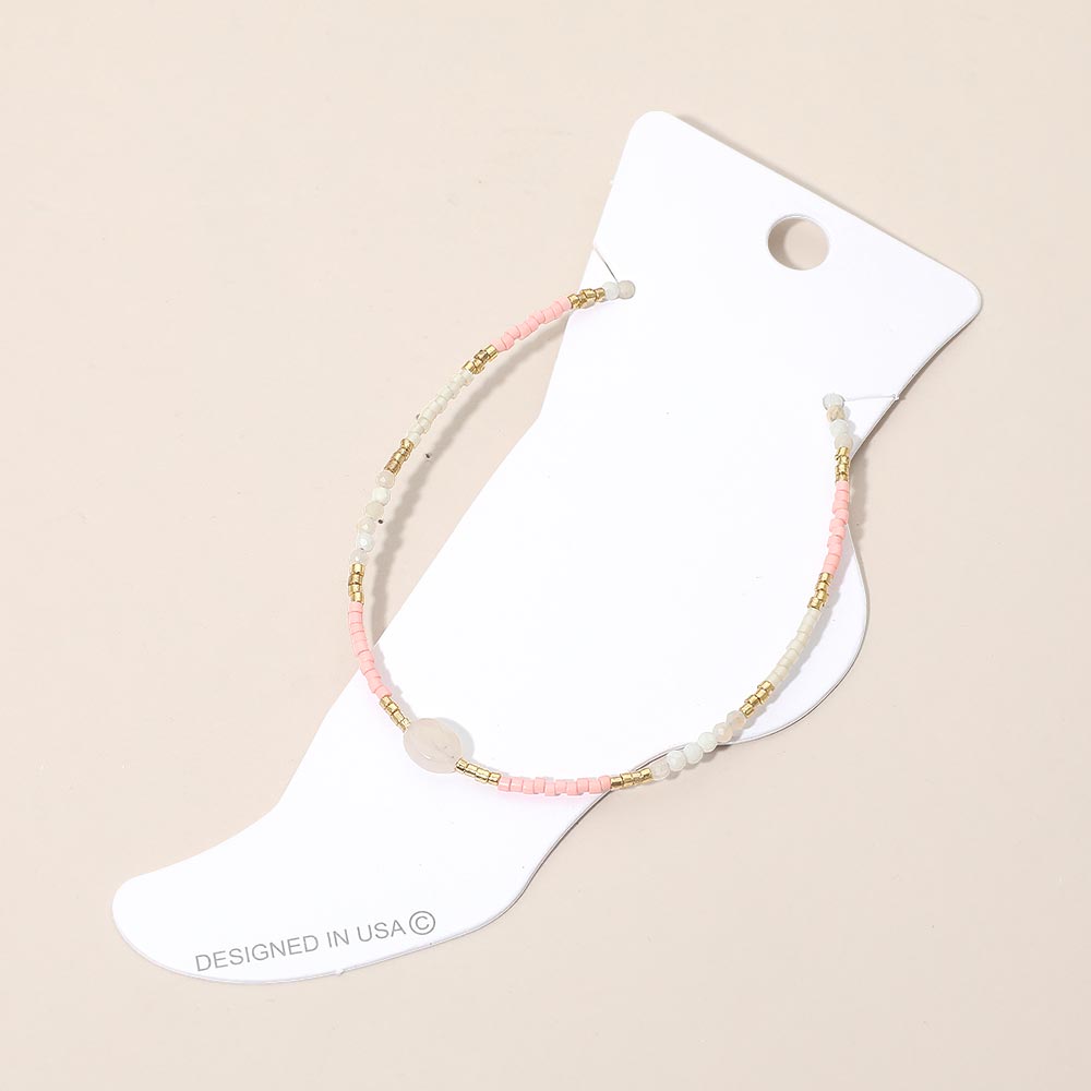 Madeline Love Gold, Rose Oval Stone Accent Faceted Beaded Anklet - Anklets